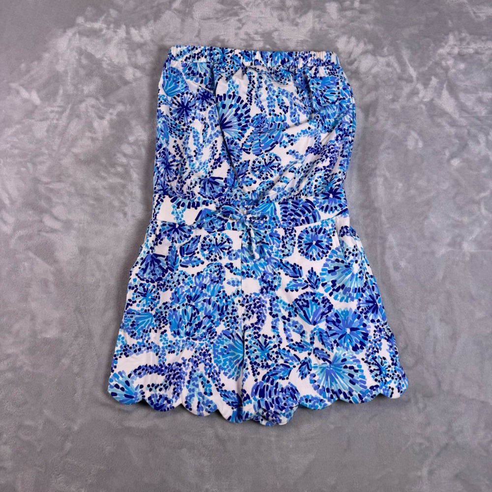 Lilly Pulitzer Jace Strapless Romper Womens XS Blue White Scalloped Hem Pockets